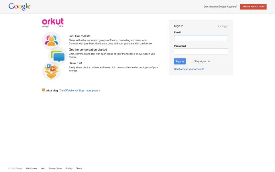 orkut.com homepage in 2011