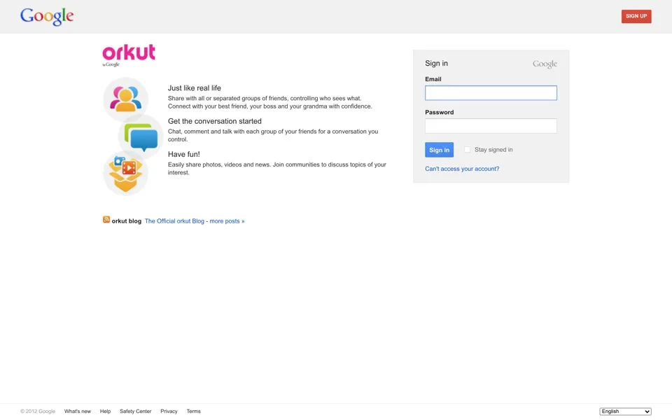 orkut.com homepage in 2012