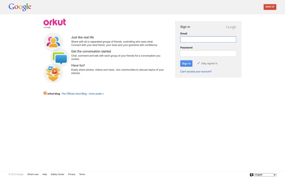 orkut.com homepage in 2013