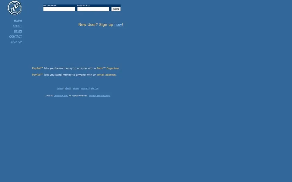 paypal.com homepage in 1999