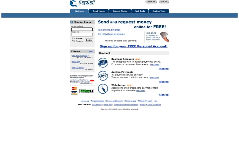 paypal.com homepage in 2000