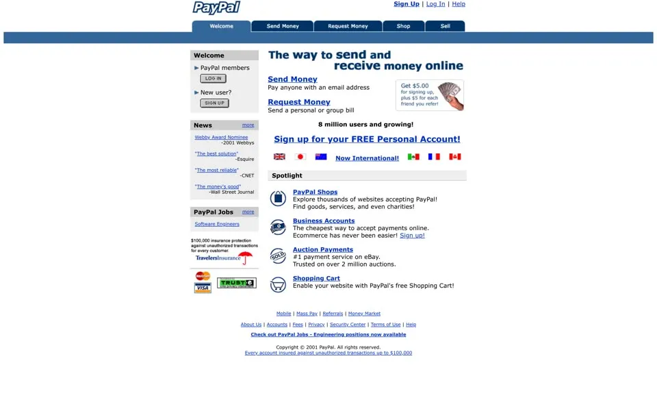 paypal.com homepage in 2001