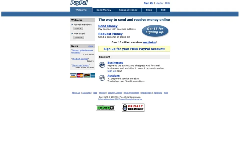 paypal.com homepage in 2002