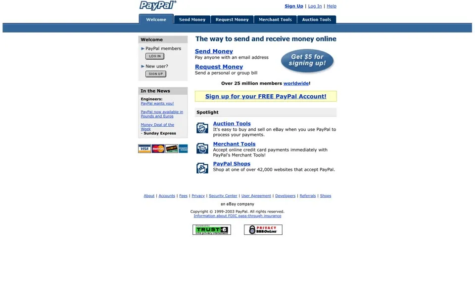 paypal.com homepage in 2003