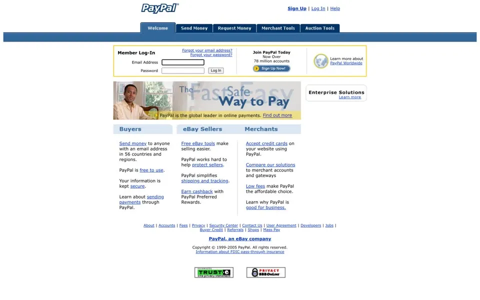 paypal.com homepage in 2005