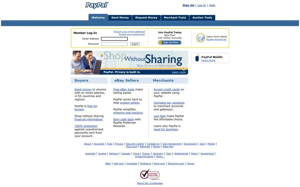 paypal.com homepage in 2006