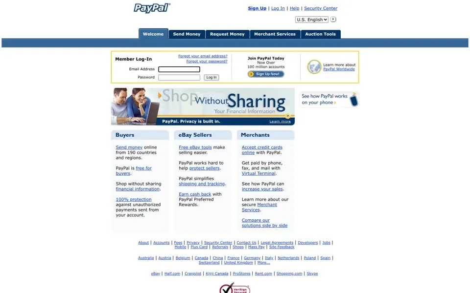 paypal.com homepage in 2007