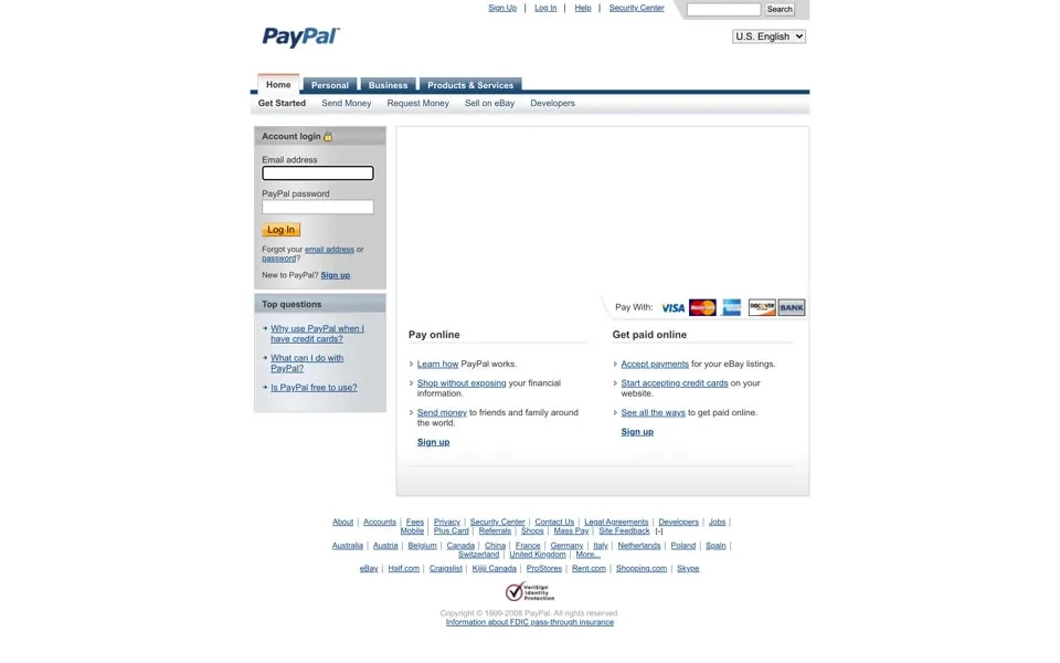 paypal.com homepage in 2008