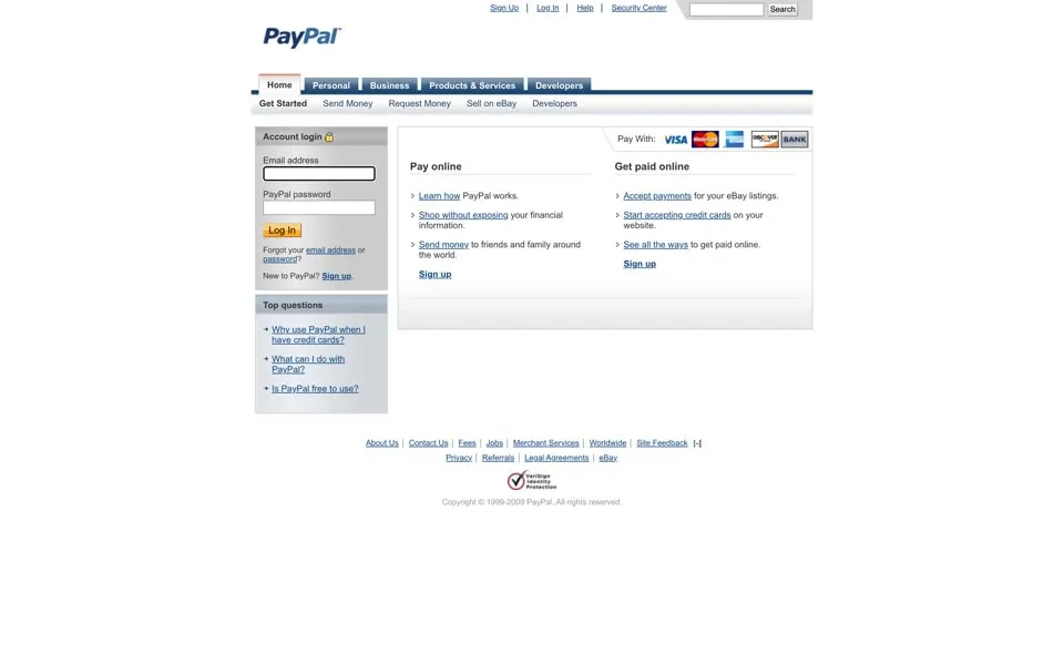 paypal.com homepage in 2009