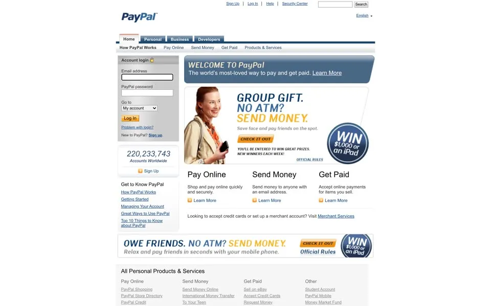 paypal.com homepage in 2010