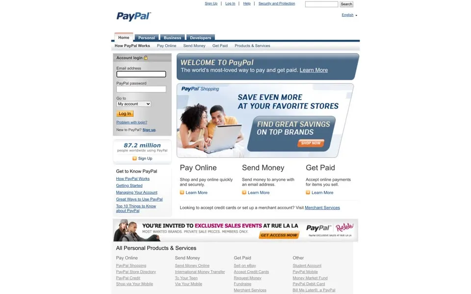paypal.com homepage in 2011
