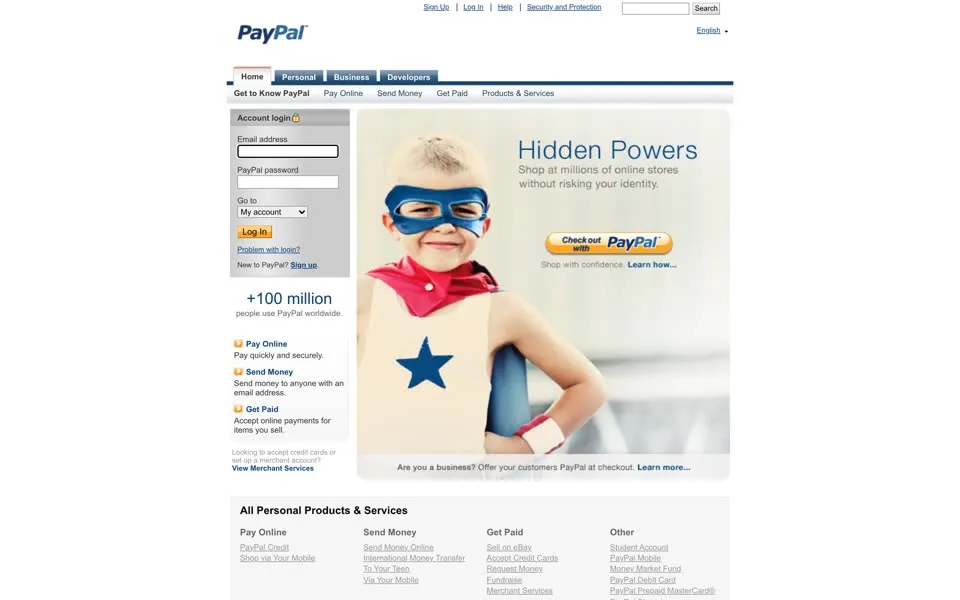 paypal.com homepage in 2012