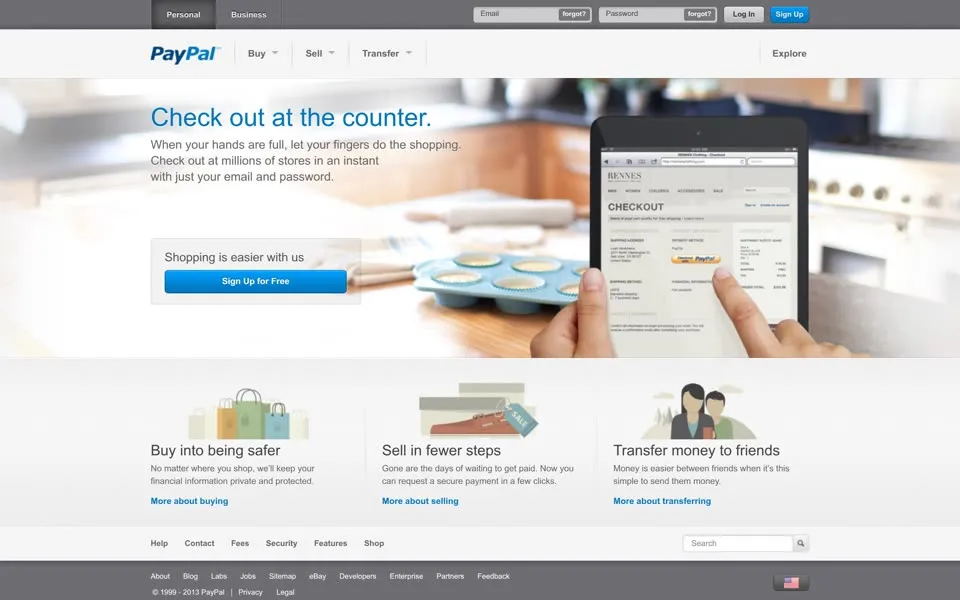 paypal.com homepage in 2013