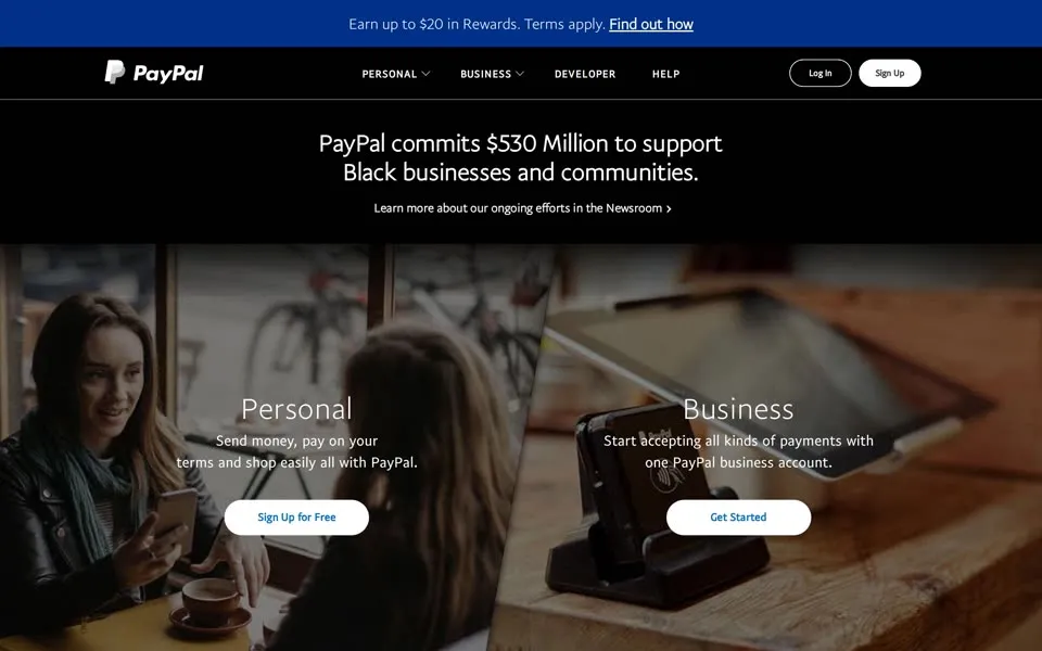 paypal.com homepage in 2020