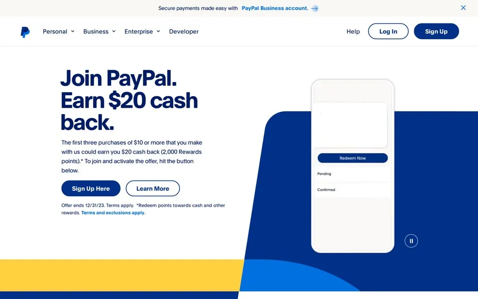 paypal.com homepage in 2023