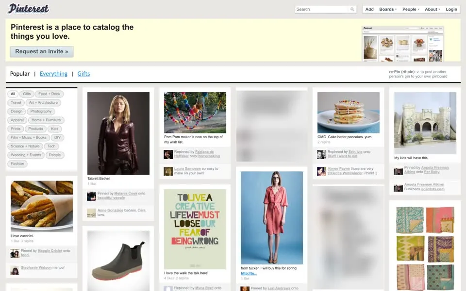 pinterest.com homepage in 2011