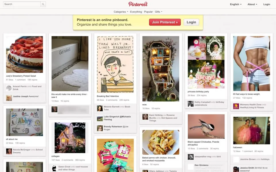 pinterest.com homepage in 2012