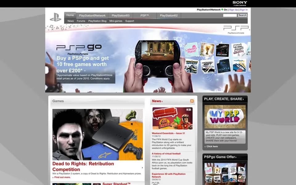 playstation.com homepage in 2010