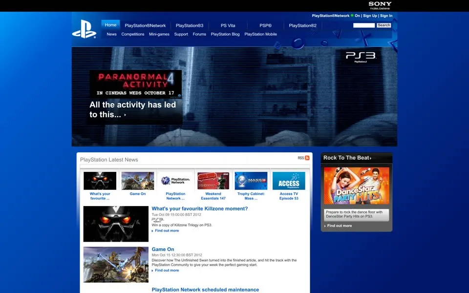 playstation.com homepage in 2012