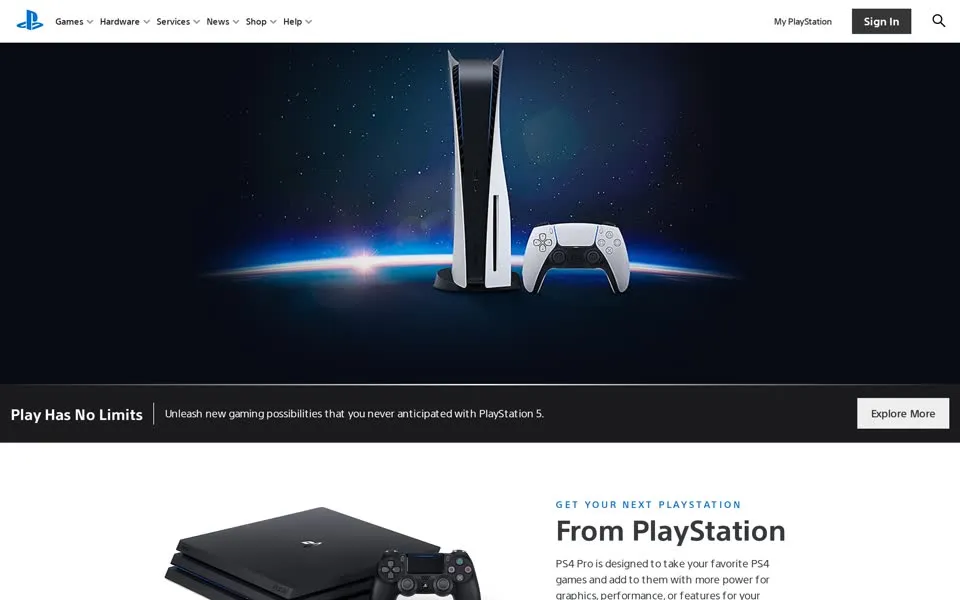 playstation.com homepage in 2020