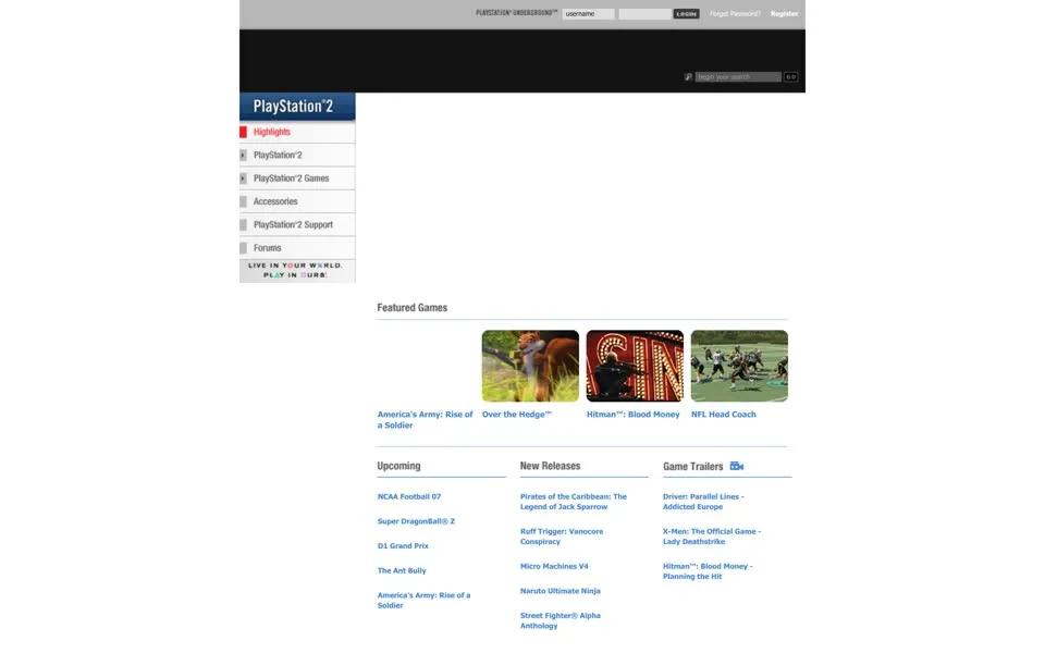 US PlayStation 2 product page, June 2006: a left menu, a blank Flash area and Featured Games