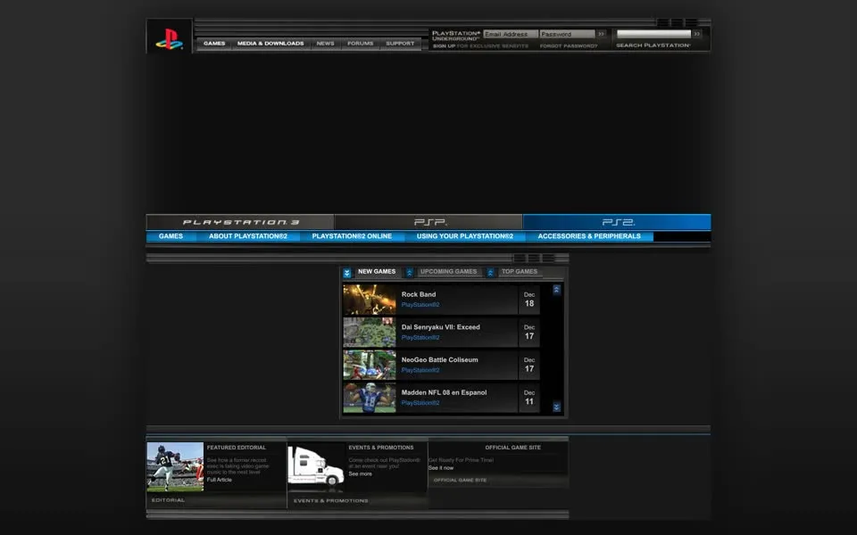 US PlayStation 2 product page, January 2008: dark tabs for PLAYSTATION 3, PSP and PS2 above a list of new games