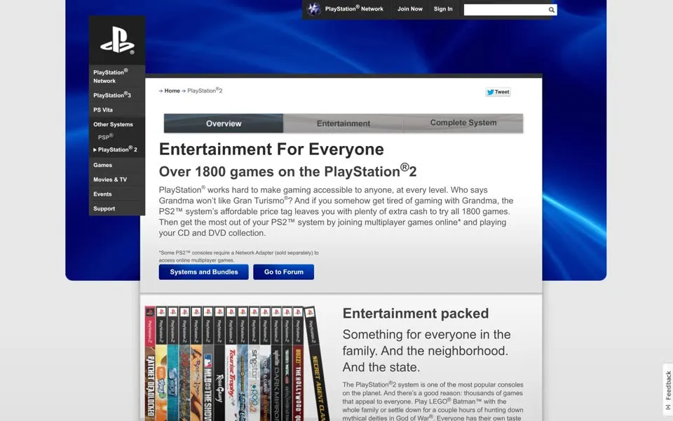 US PlayStation 2 page, January 2013: Entertainment For Everyone, Over 1800 games on the PlayStation 2