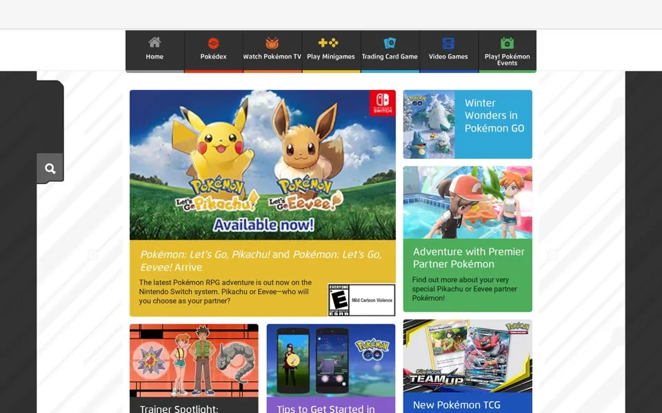 pokemon.com homepage in 2019