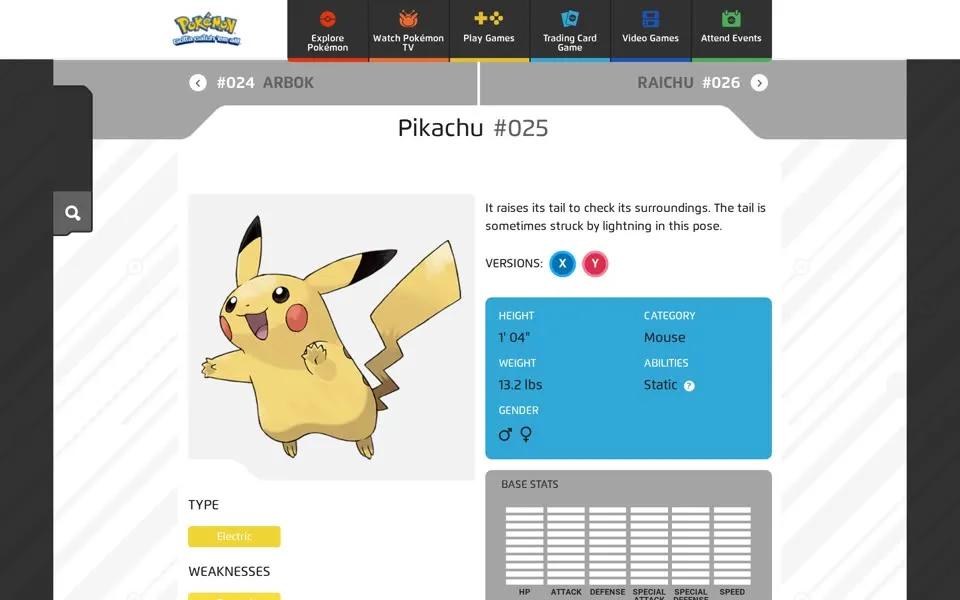Pikachu’s Pokédex page on pokemon.com, February 9, 2014: Pikachu #025, height 1’ 04”, weight 13.2 lbs