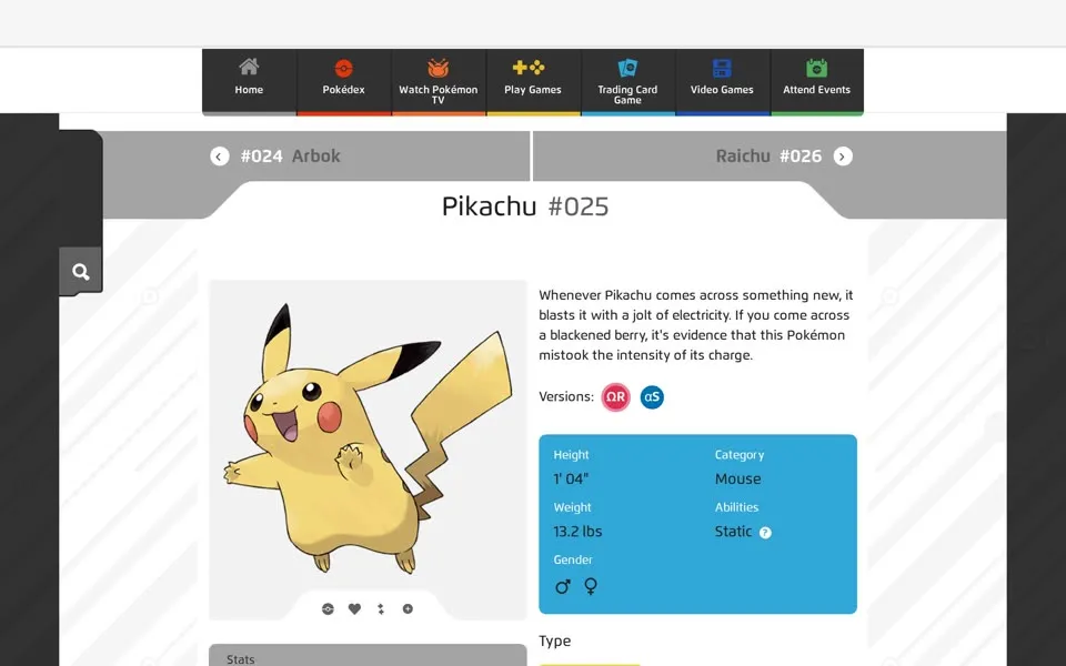 Pikachu’s Pokédex page on pokemon.com, February 4, 2016, with the blackened berry description