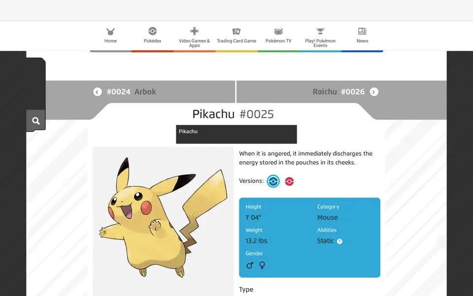 Pikachu’s Pokédex page on pokemon.com, March 11, 2023, number #0025