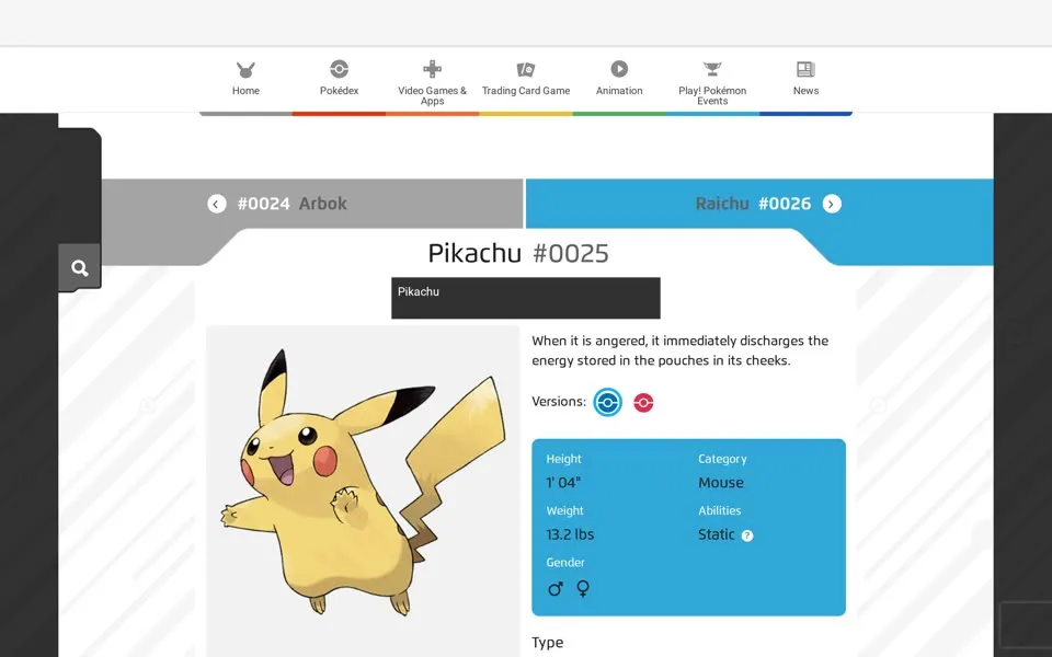Pikachu’s Pokédex page on pokemon.com, January 16, 2026: Pikachu #0025, 1’ 04”, 13.2 lbs