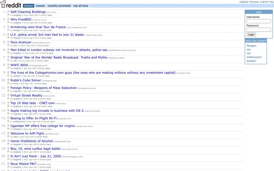 reddit.com homepage in 2005