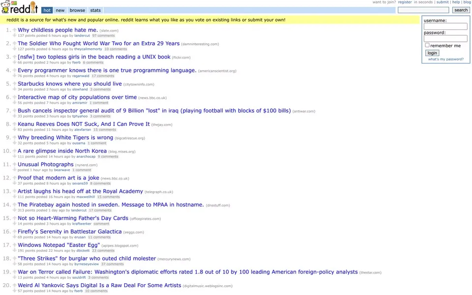 reddit.com homepage in 2006