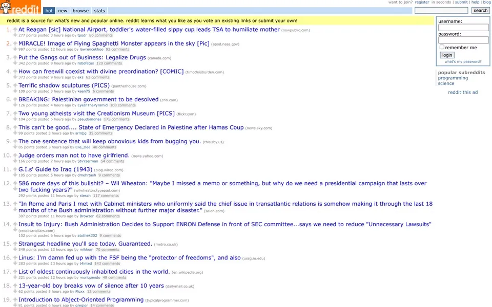 reddit.com homepage in 2007