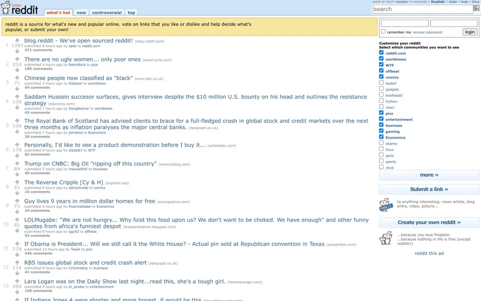 reddit.com homepage in 2008