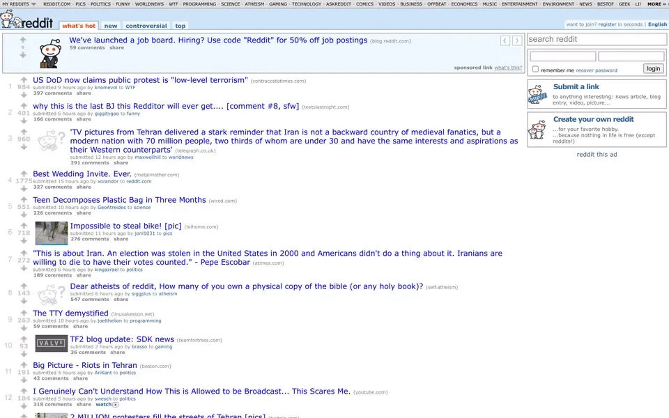 reddit.com homepage in 2009