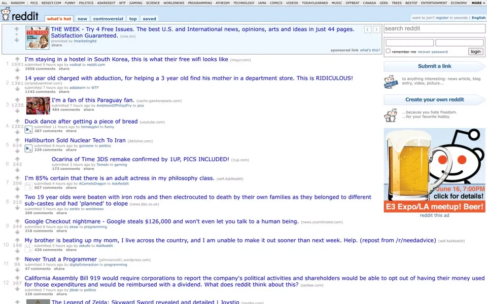 reddit.com homepage in 2010