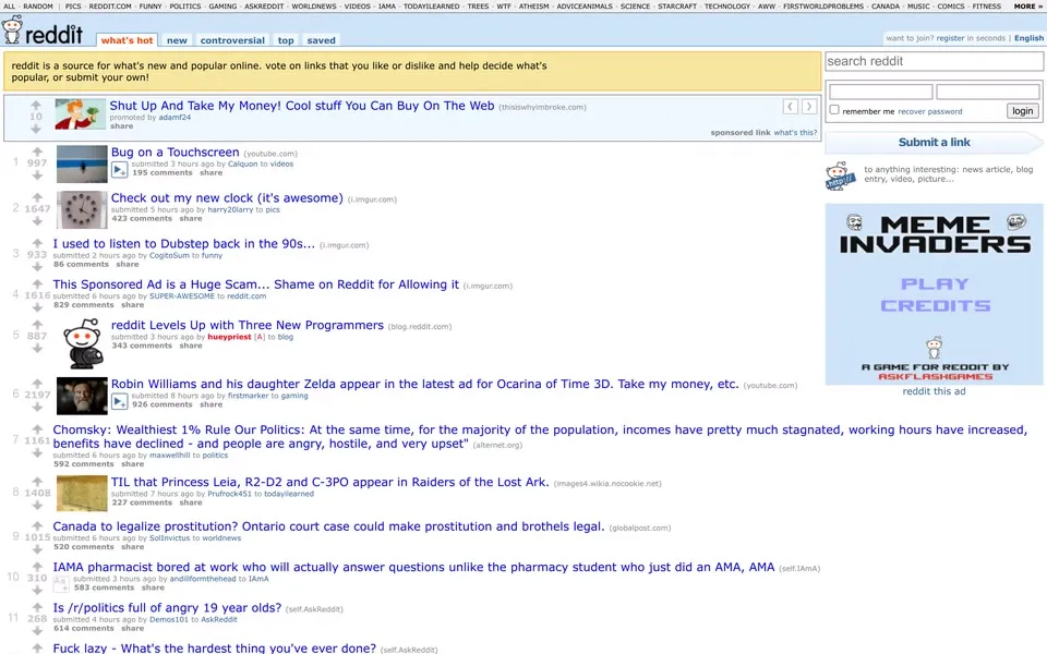 reddit.com homepage in 2011
