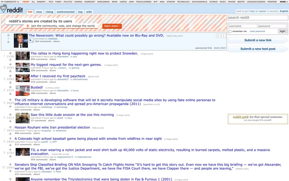 reddit.com homepage in 2013