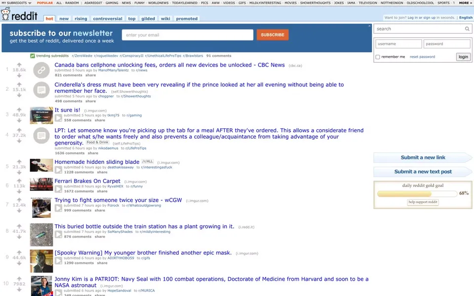 reddit.com homepage in 2017