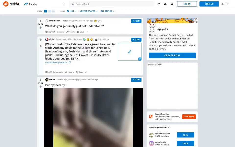 reddit.com homepage in 2019