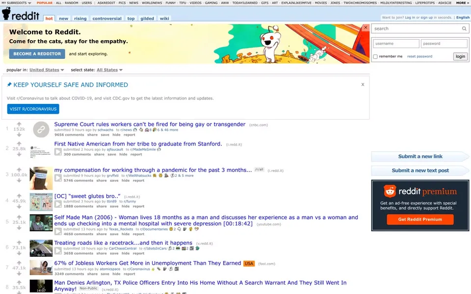 reddit.com homepage in 2020