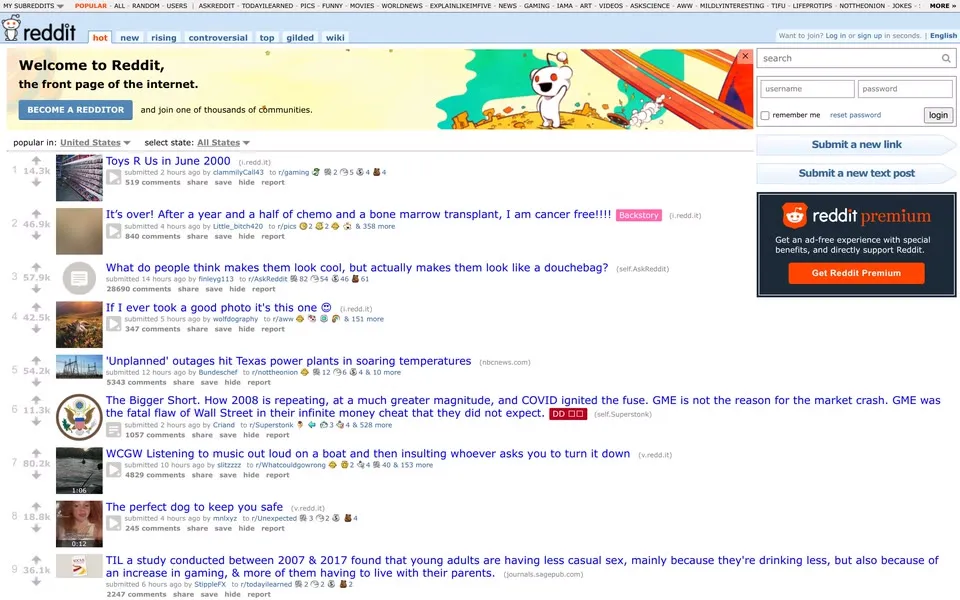 reddit.com homepage in 2021