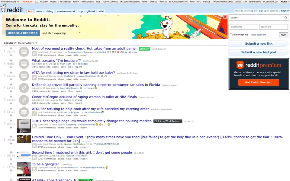 reddit.com homepage in 2023