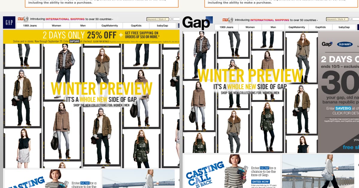 Gap's 2010 homepage before and during its logo replacement