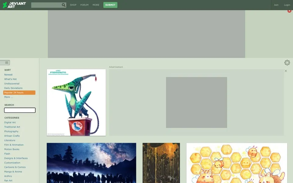 DeviantArt Classic: a left Categories menu on a gray-green page. Blank advertising slots remain.