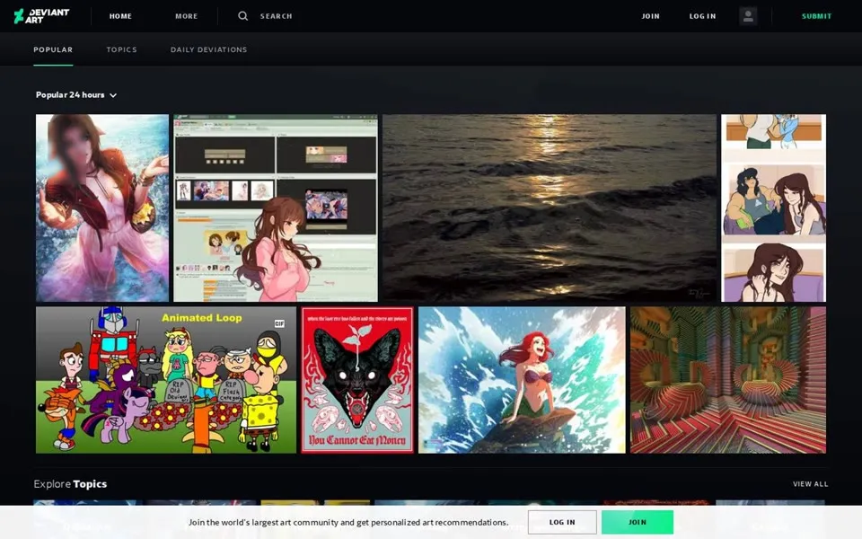 DeviantArt Eclipse homepage: artwork tiles include a cartoon mourning the old site and Flash category. A member face is blurred; this saved scout frame was used in the film.