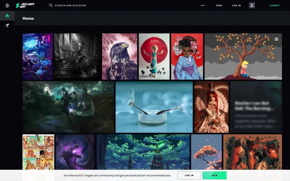 DeviantArt homepage: a dark Eclipse art grid and a left strip of navigation icons. A member story preview is blurred.
