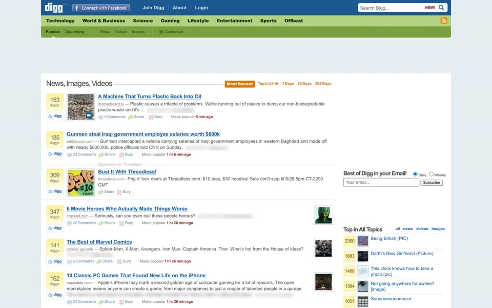 Digg homepage: yellow voting boxes and the pre-v4 navigation. Some styles render incompletely; Selected text is blurred.
